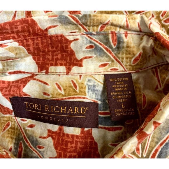Tori Richard Men Hawaiian Shirt Size Large Tan Maroon Leaf Tropical Aloha Collar - Picture 6 of 8